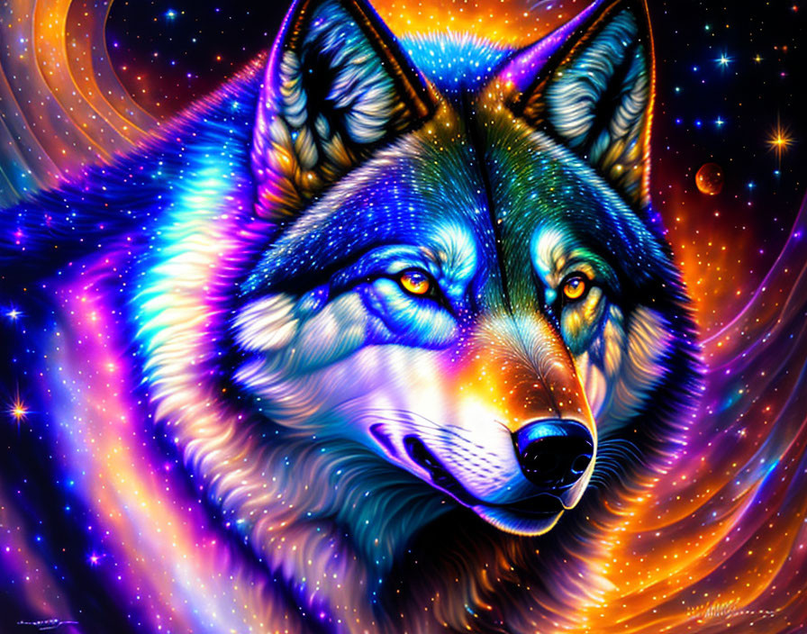 Colorful cosmic wolf art with blue, purple hues