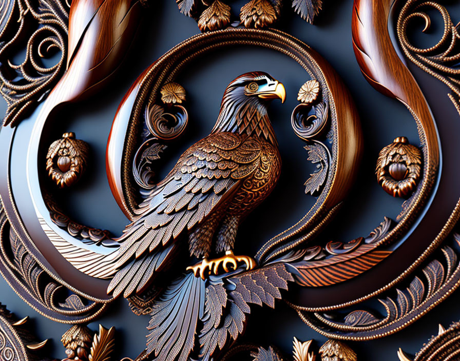 Detailed digital artwork: Eagle perched in bronze swirls on blue background