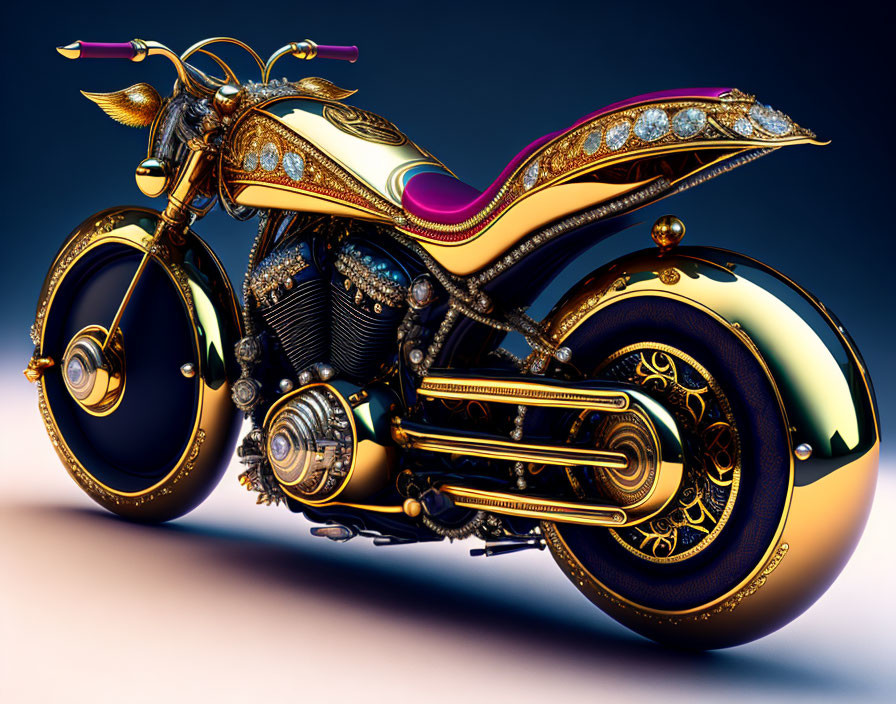 Custom Motorcycle with Gold, Purple, and Jeweled Details on Gradient Background