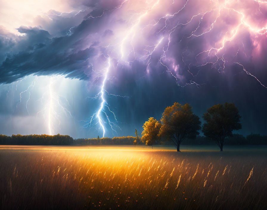 Stormy Sky with Lightning Strikes Above Serene Meadow