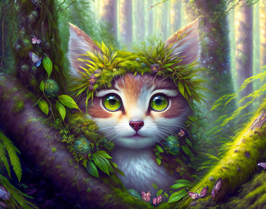 Illustration: Kitten with leaf crown in enchanted forest