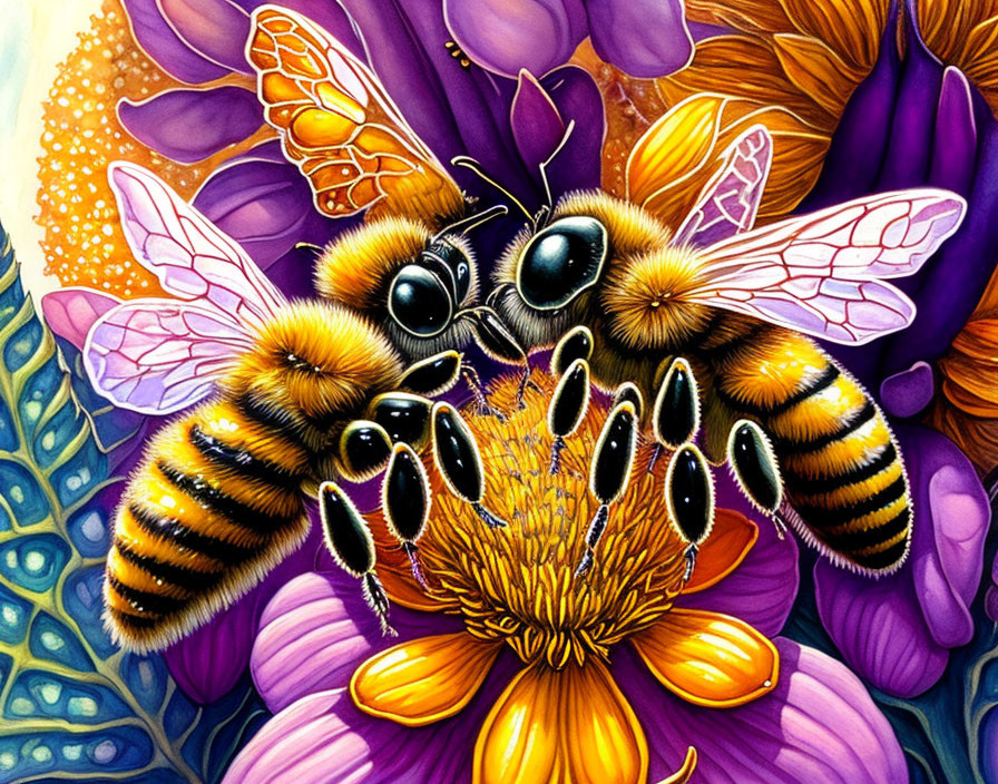 Detailed depiction: Bee pollinating vibrant purple flower with nectar droplets.