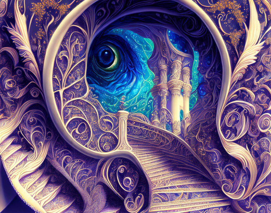 Fantasy-themed illustration: Blue eye-shaped portal with golden patterns and magical structure