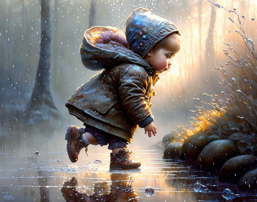 Toddler in winter jacket splashes in puddle with falling snowflakes