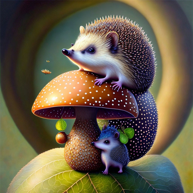 Illustration of Large Hedgehog on Mushroom with Smaller Hedgehog on Leafy Background