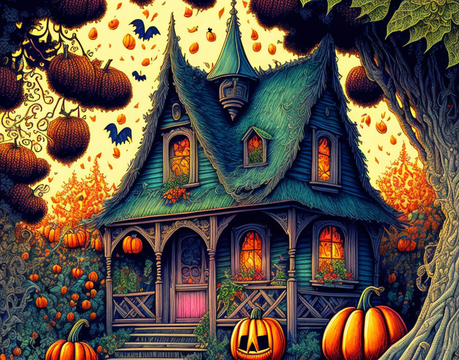 Whimsical haunted house illustration with pumpkins, bats, and autumn leaves