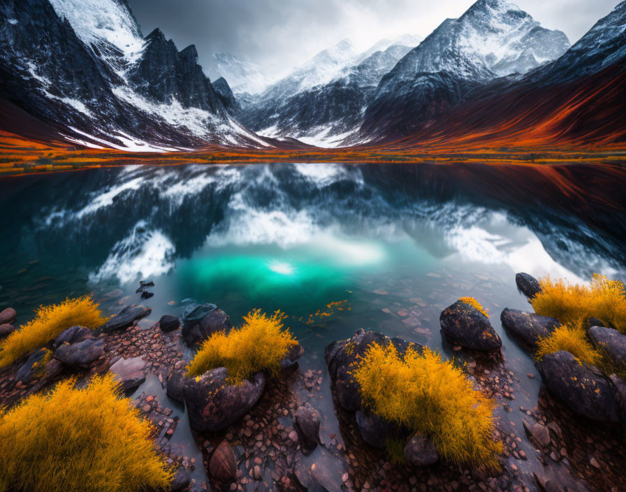 Snowy Mountain Peaks Reflected in Still Lake with Orange Grass and Dark Stones