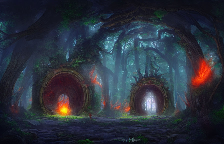 Enchanted forest with two glowing magical portals amid ancient trees