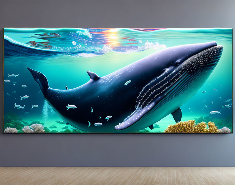 Wall-mounted TV displaying vibrant underwater scene with blue whale and fish on hardwood floors