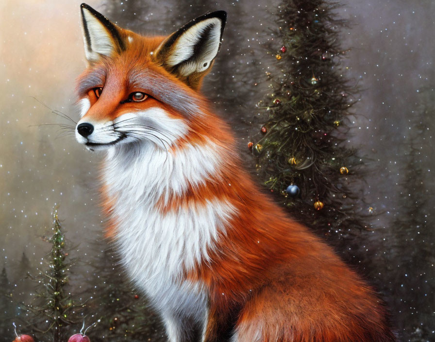 Detailed painting of red fox with lush fur against soft background with blurred Christmas tree