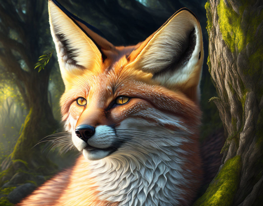 Vivid hyper-realistic fox in lush forest setting