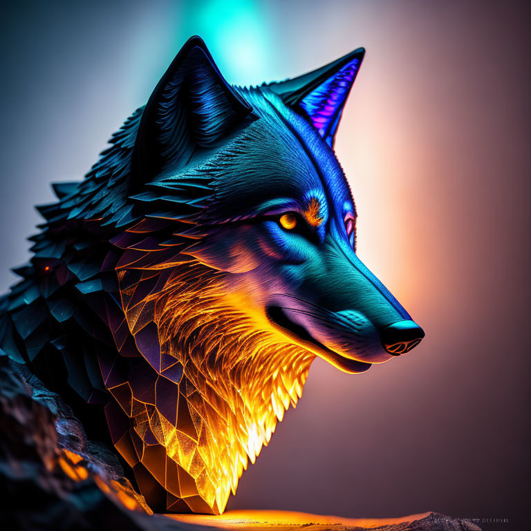 Colorful Geometric Wolf Artwork with Glowing Mane