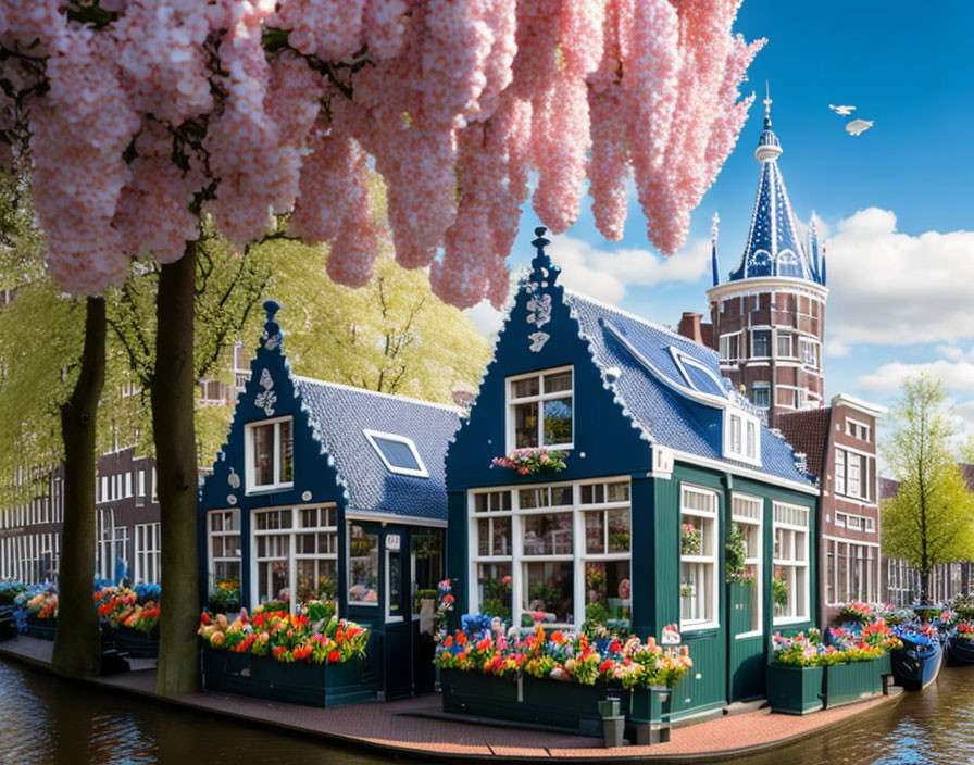 Blue house with pointed roof by canal, vibrant flowers & pink tree on sunny day