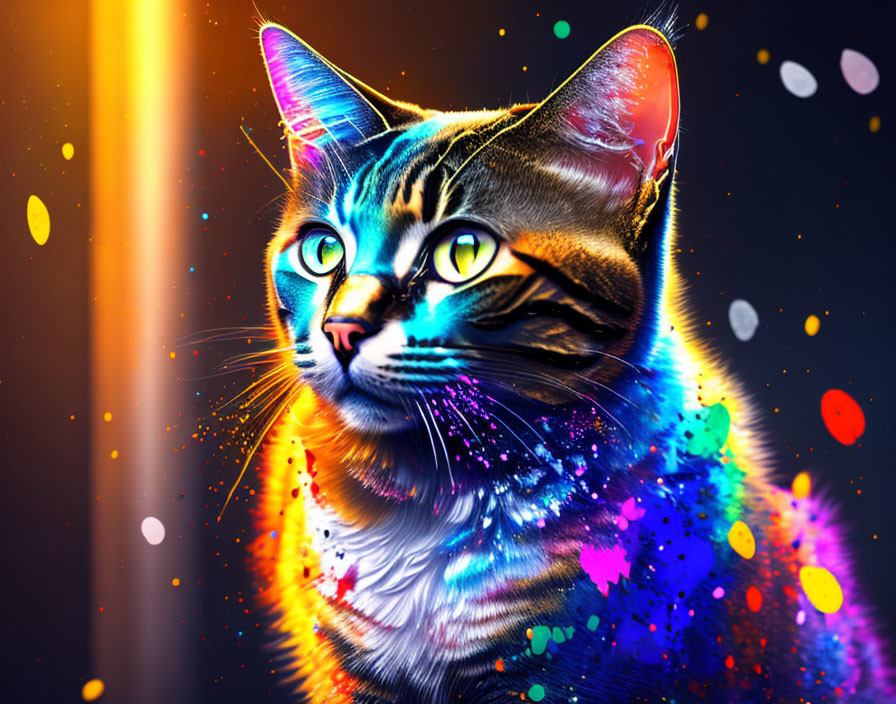 Colorful digital art of a neon-lit cat on dark background