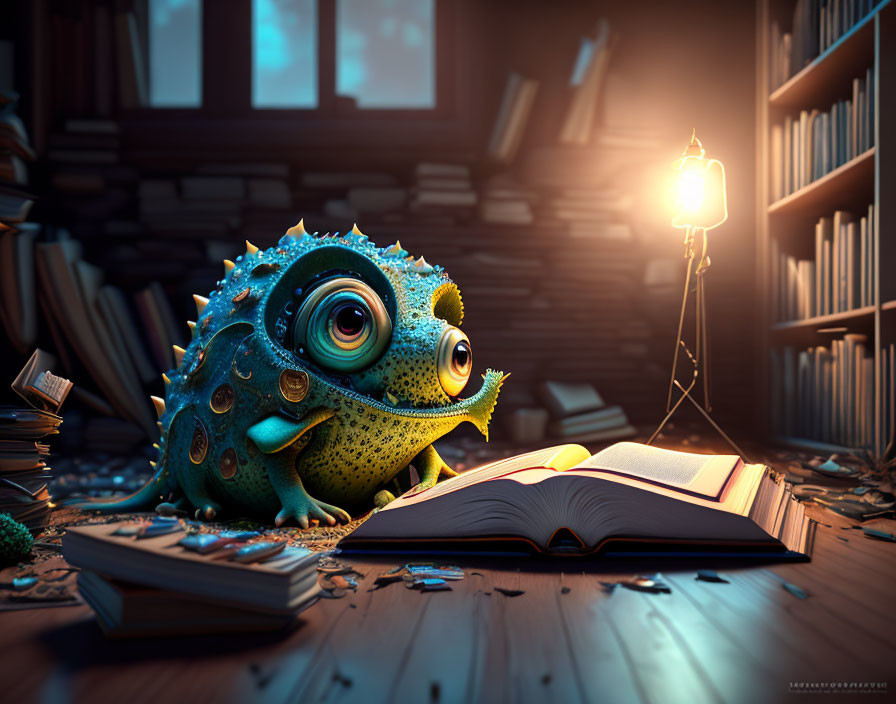 Cartoon chameleon reading book in cozy wooden room