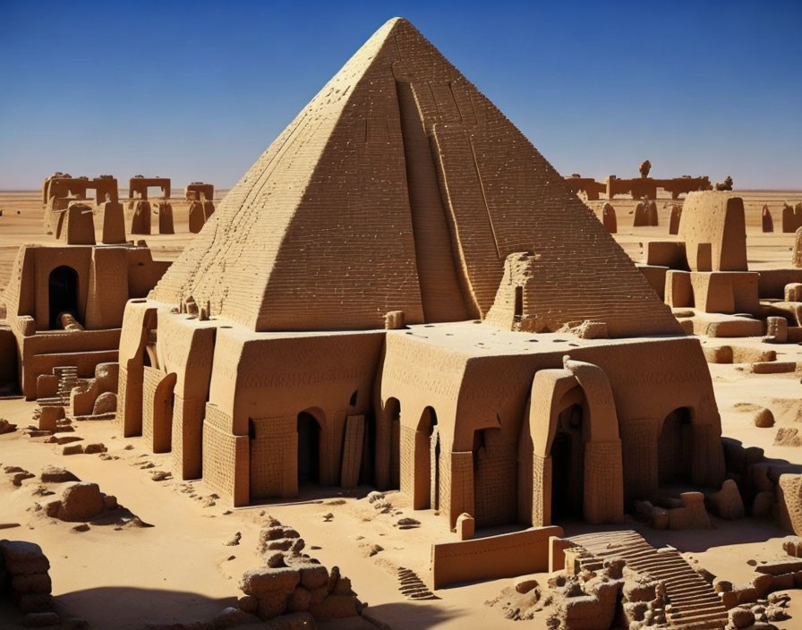 Ancient pyramid and structures in desert landscape