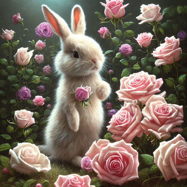 Adorable rabbit surrounded by pink roses in lush green setting