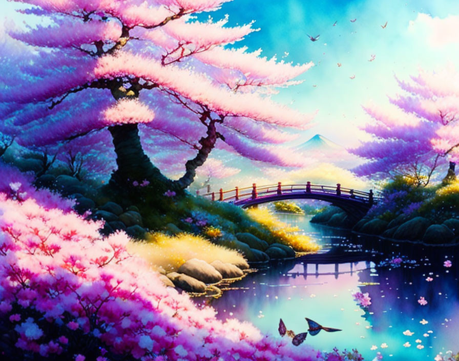 Colorful landscape with cherry blossom trees, pond, bridge, and mountain under a luminous sky