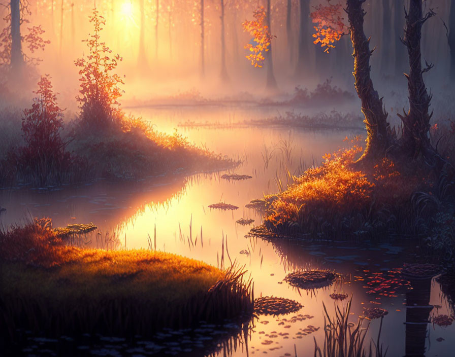 Tranquil forest scene at sunset with vibrant fall colors