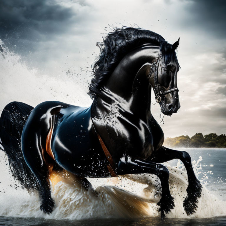 Black horse galloping through water with dramatic clouds above