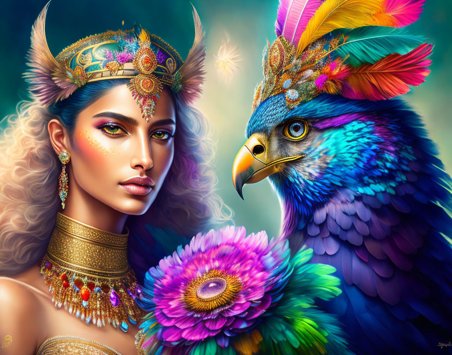 Colorful artwork: Woman with headdress & parrot with vibrant feathers.