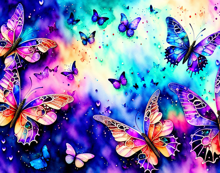 Vibrant Butterflies on Blue and Purple Watercolor Background