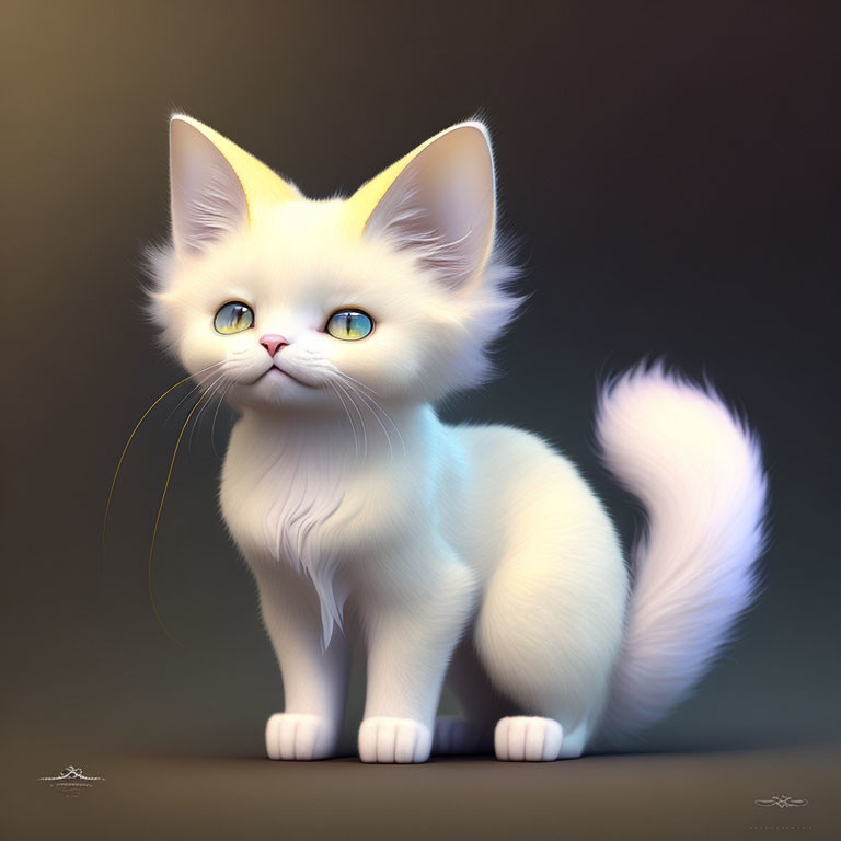 Fluffy White Kitten with Blue Eyes on Dark Background