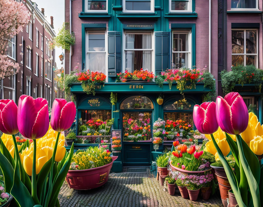 Colorful Tulips Blooming at Vibrant Flower Shop Front