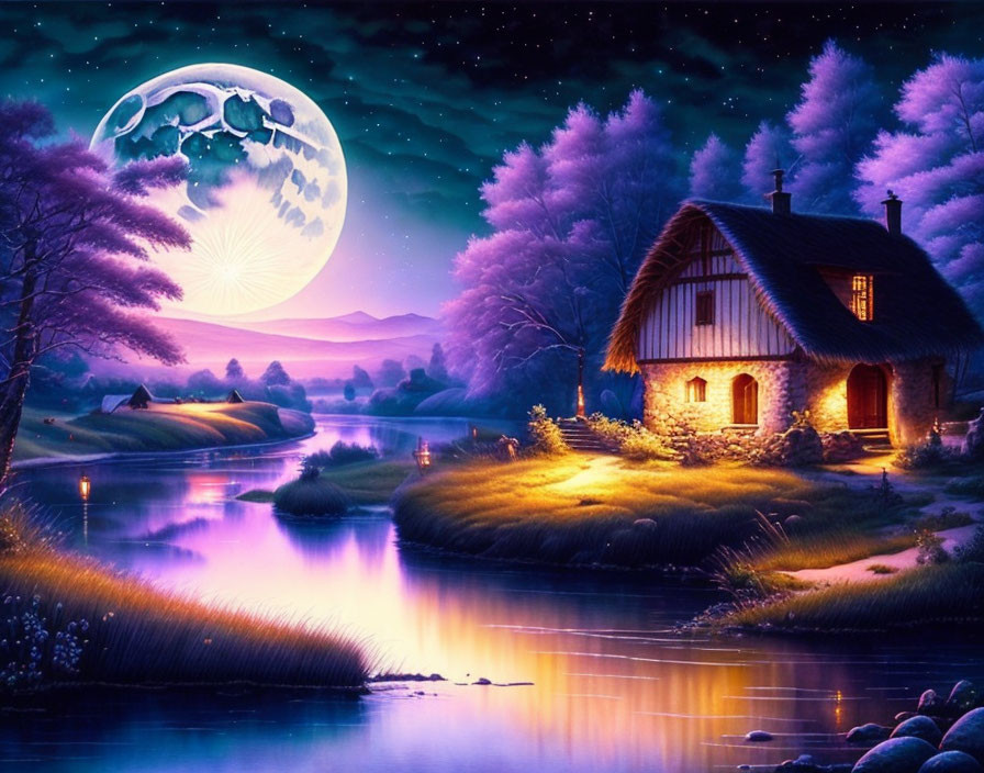 Colorful Illustration: Cozy Cottage by River at Night