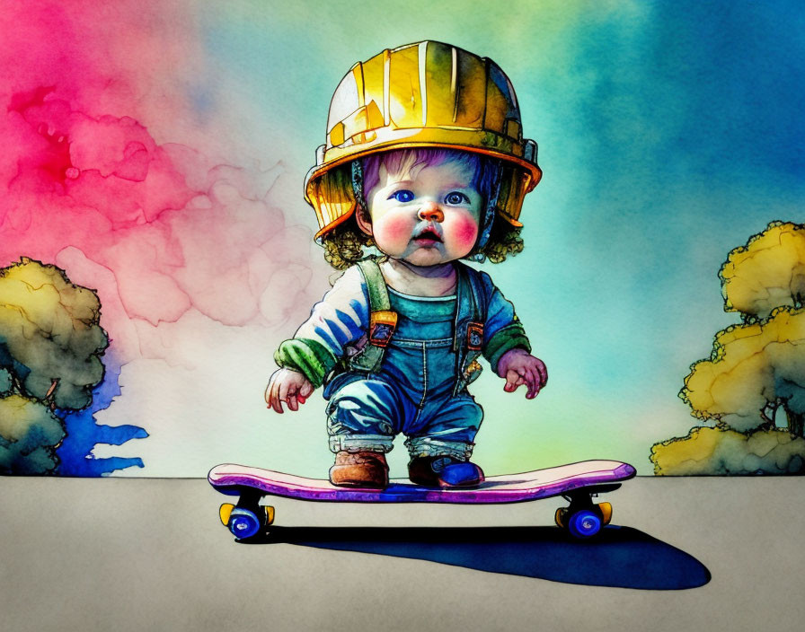 Baby in yellow hard hat and overalls on skateboard with big blue eyes