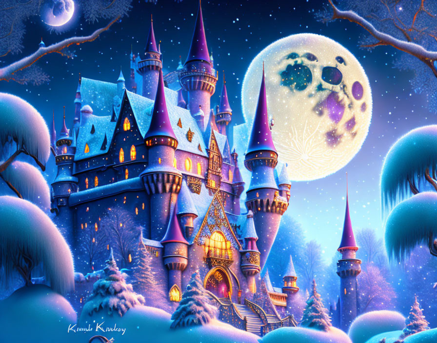 Enchanting castle with illuminated towers in snowy landscape