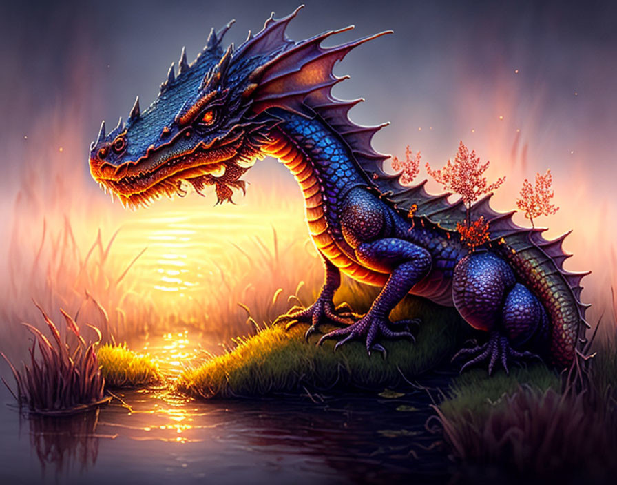 Blue and Orange Dragon Illustration at Sunset with Water Reflections