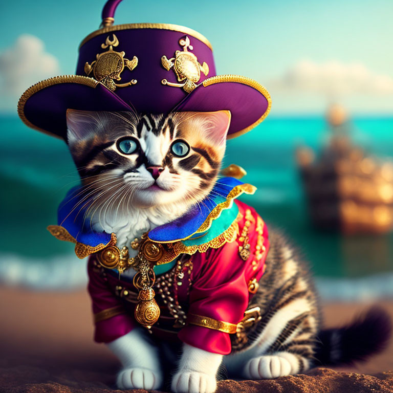 Colorful Pirate Cat in Turtle-Adorned Hat on Beach Ship Background