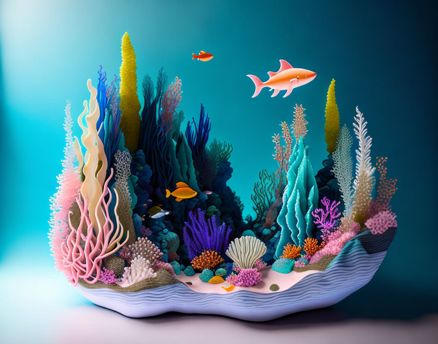 Colorful Coral Reef Ecosystem in Open Clamshell on Gradient Background