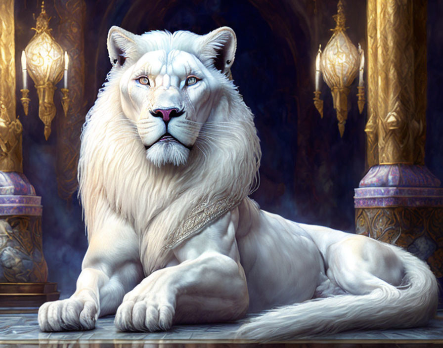 White lion with blue eyes in ornate room exudes power