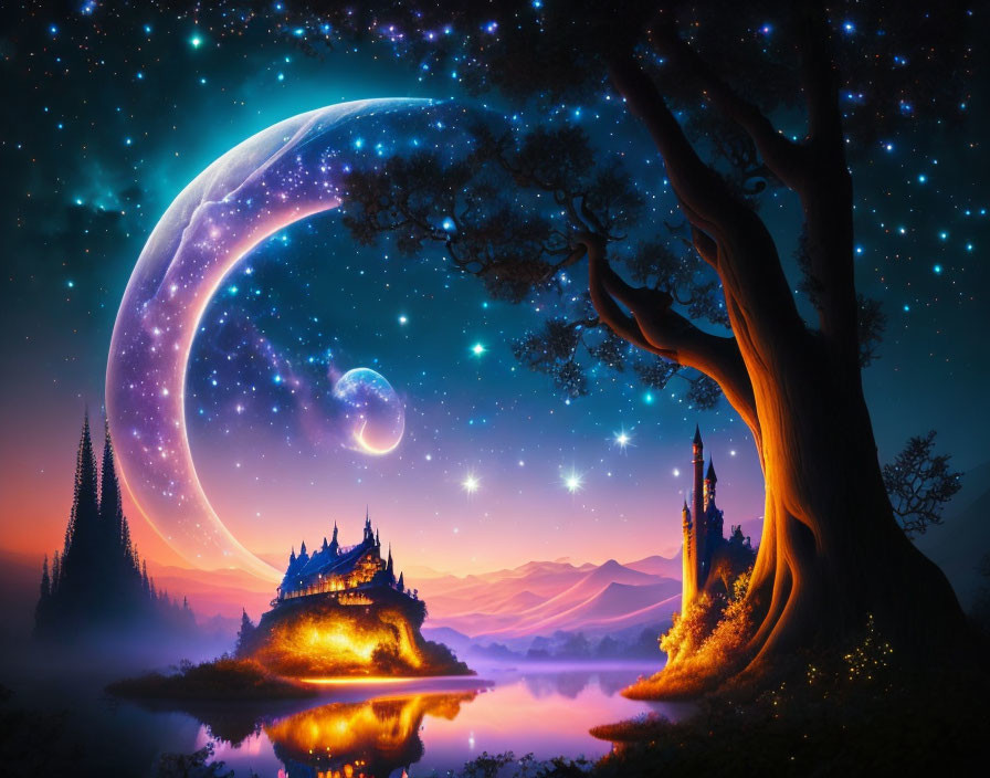 Fantasy landscape at night: large tree, castle, moons & starry sky