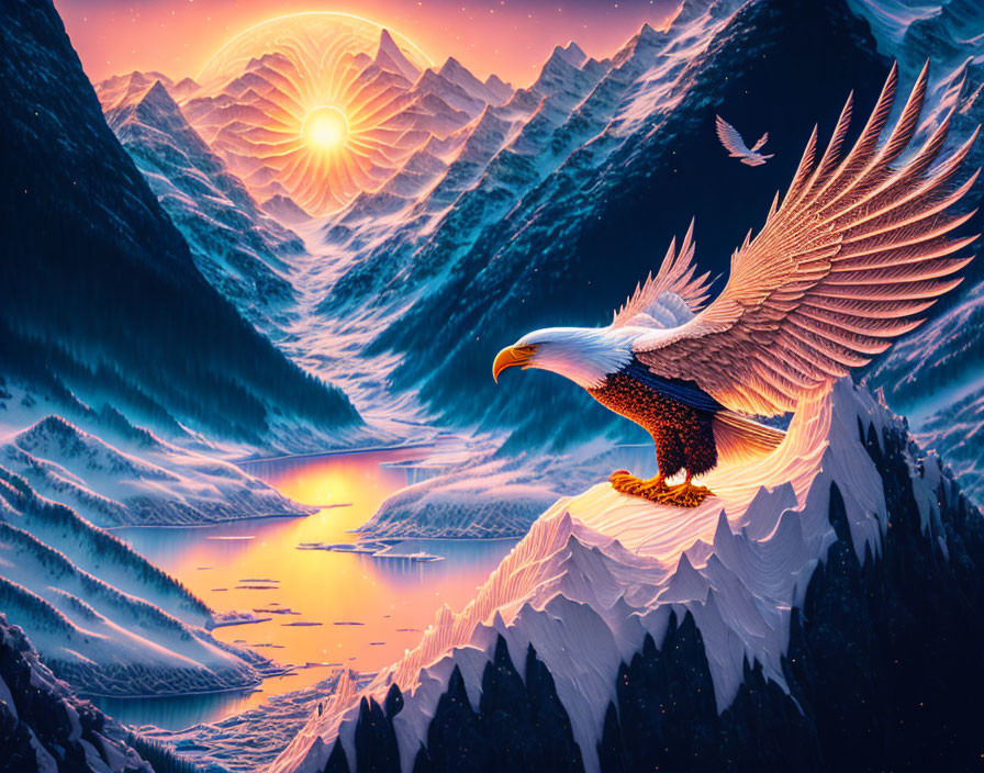 Majestic eagle perched on mountain at sunset with snowy peaks in background