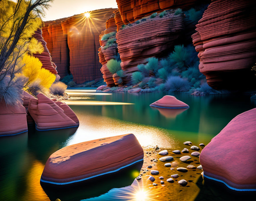 Serene river with red rock formations and green foliage