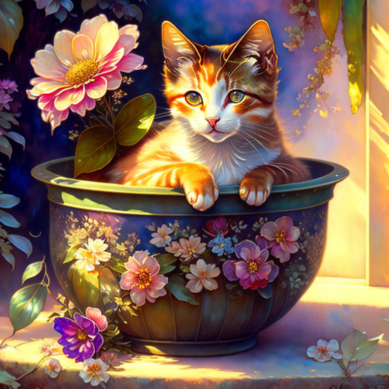 Orange and white cat in flowerpot surrounded by lush greenery and vibrant flowers