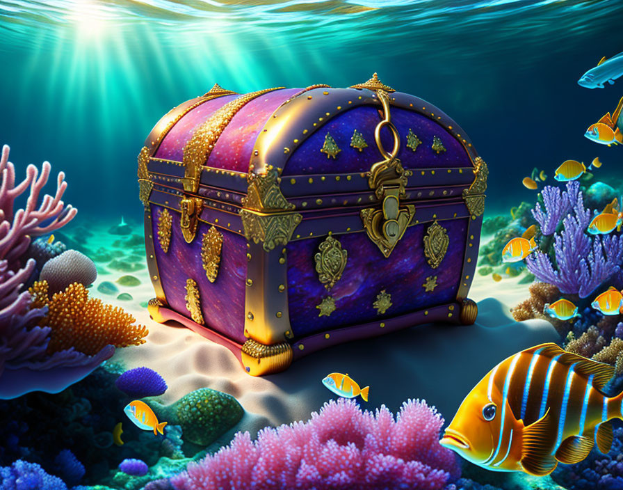 Underwater scene with ornate treasure chest, coral, fish, and light rays