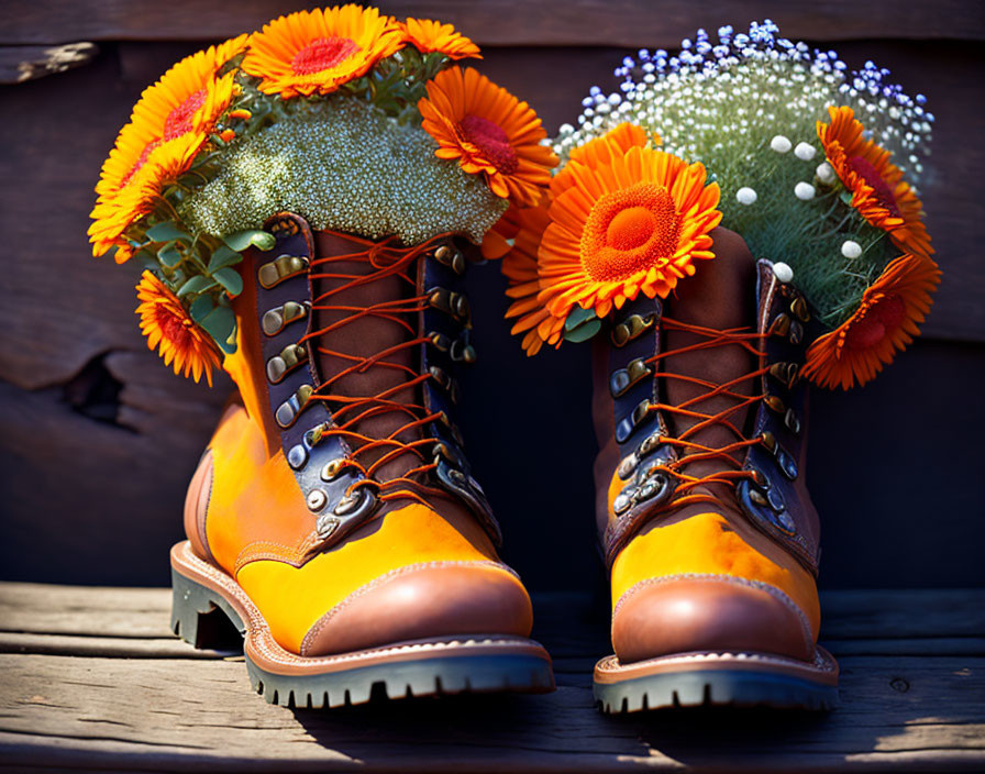 Brown Lace-Up Boots with Orange and White Flowers on Wooden Surface