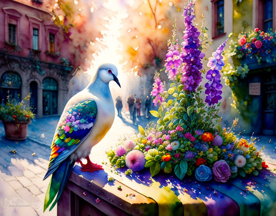 Colorful pigeon on floral ledge in sunny street