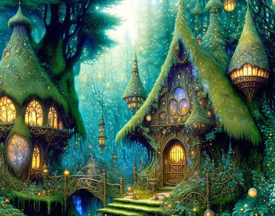 Whimsical glowing treehouses in enchanted forest scene