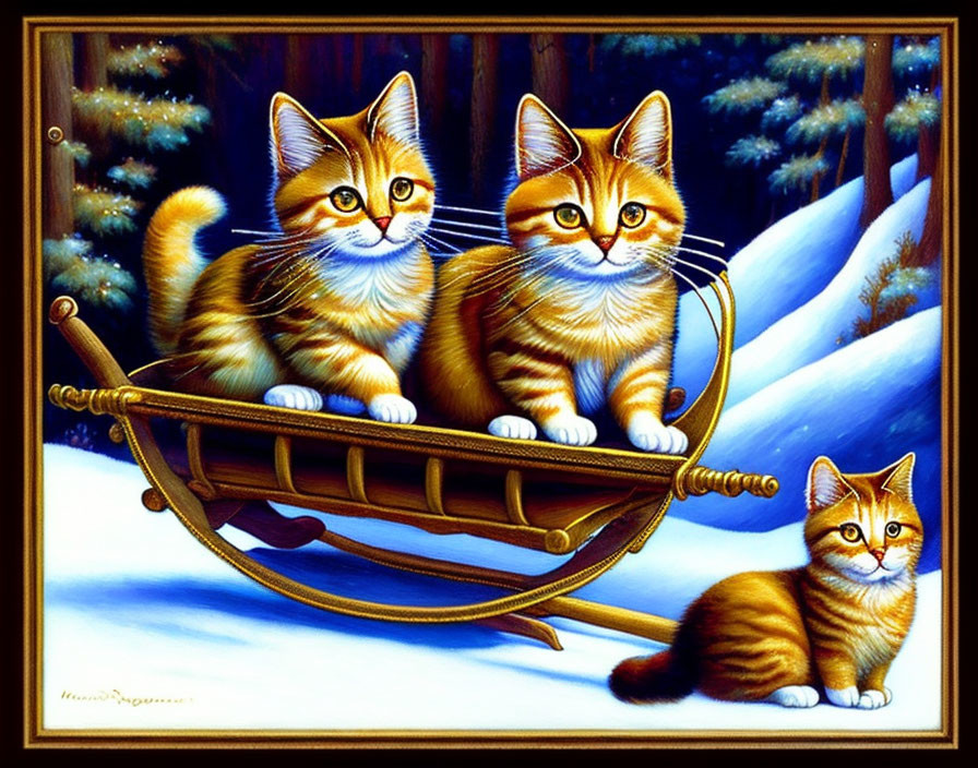 Striped coat kittens in wooden sled on snowy landscape