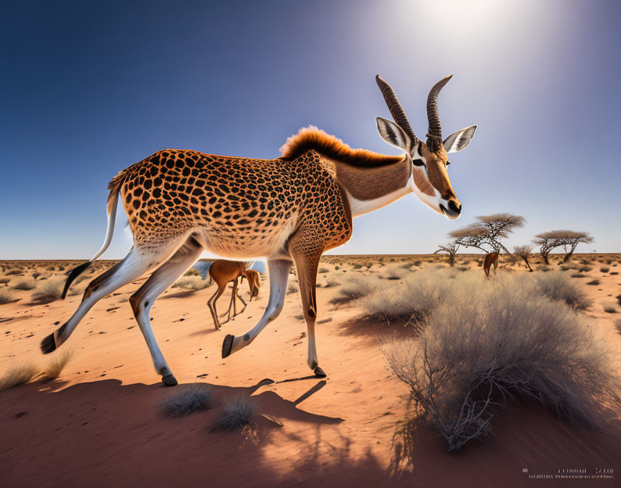 Tan Antelope with White and Brown Markings in Desert Landscape