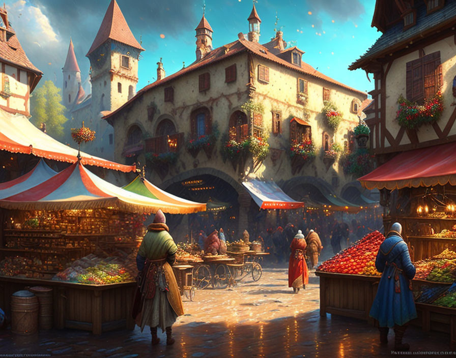 Colorful Medieval Marketplace with Bustling Stalls and Townspeople