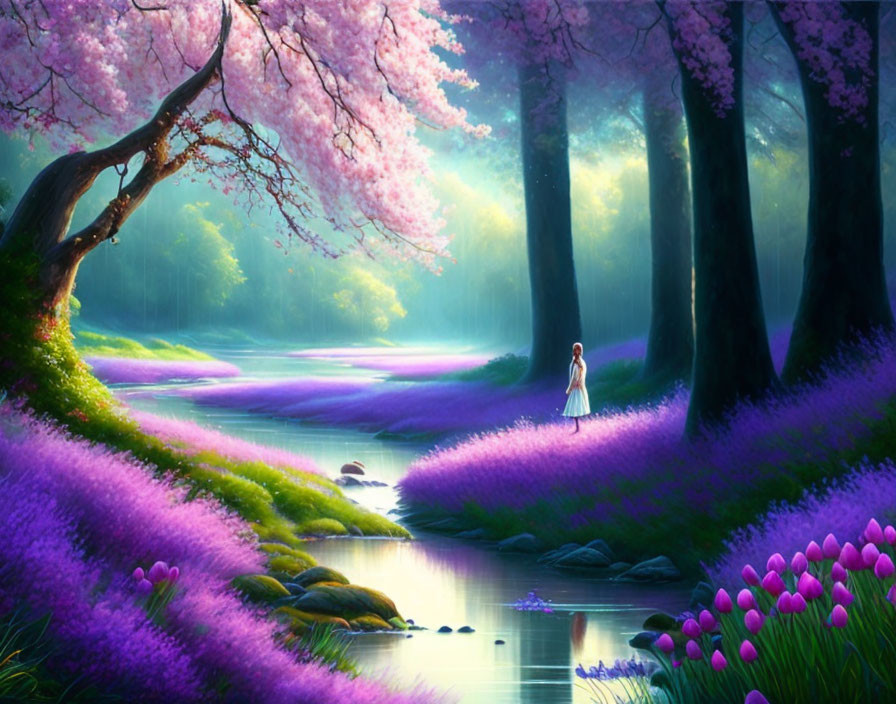 Tranquil forest scene with purple grass, stream, pink trees, woman walking