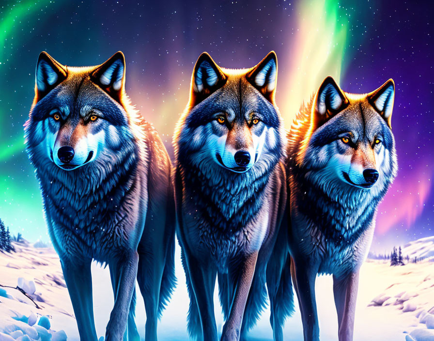 Illustrated wolves in snowy landscape under starry sky