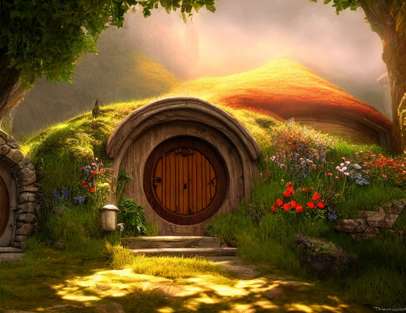 Cozy hobbit hole nestled in a grassy hill with wooden door