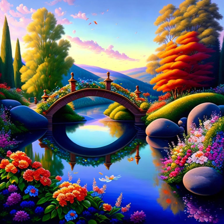 Serene river painting with stone bridge, lush flora, rolling hills, sunset sky